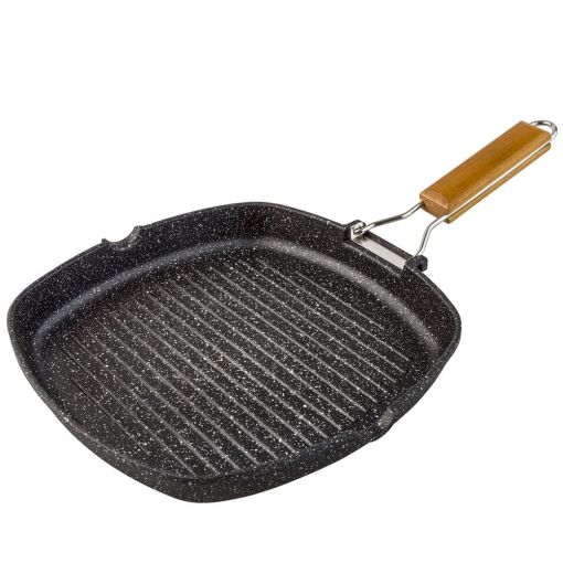 GRILL ALUMINIO FUNDIDO MANGO ABATIBLE SUPERFICIE RAYADA PIEDRA 24CM