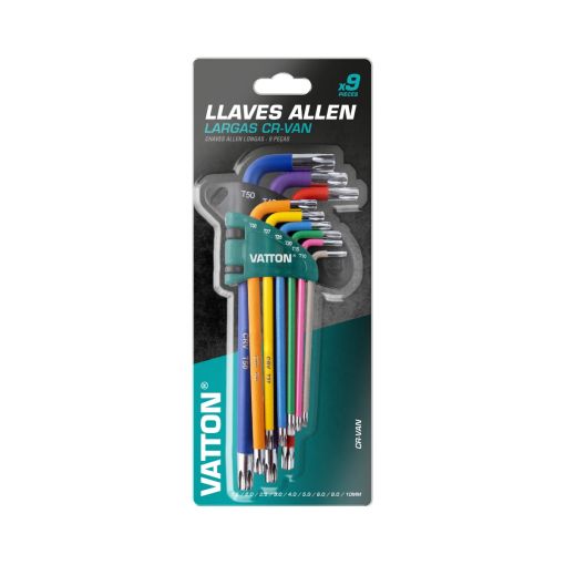 JUEGO LLAVE TORX VATTON LARGA CR-V CON AGUJERO 9 PIEZAS COLORES