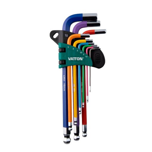 JUEGO LLAVE ALLEN VATTON EXTRA LARGA PUNTA BOLA CR-V 9 PIEZAS COLORES
